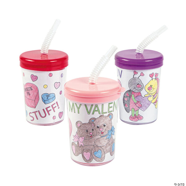 Colour Your Own Valentine BPA-Free Plastic Cups with Lids & Straws